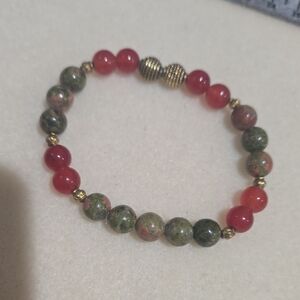 Unakite Beaded Bracelet with Gold Details